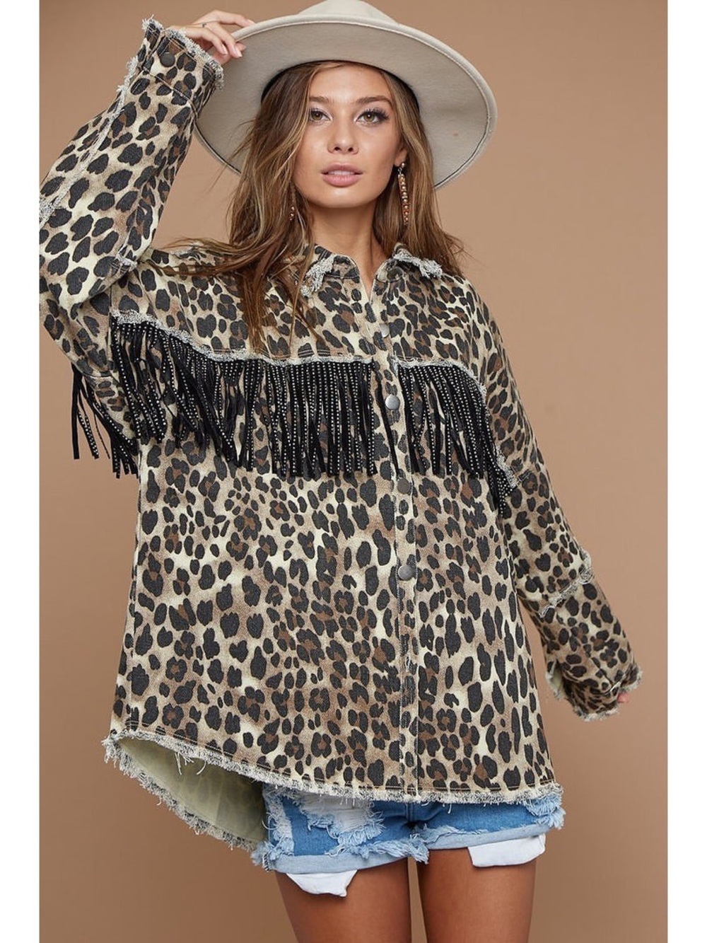 BiBi Leopard Print Rhinestone Fringe Denim Jacket Shacket Oversized